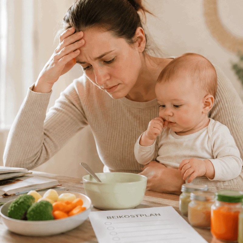 Mama mit Baby auf dem Schoß plant die Beikost